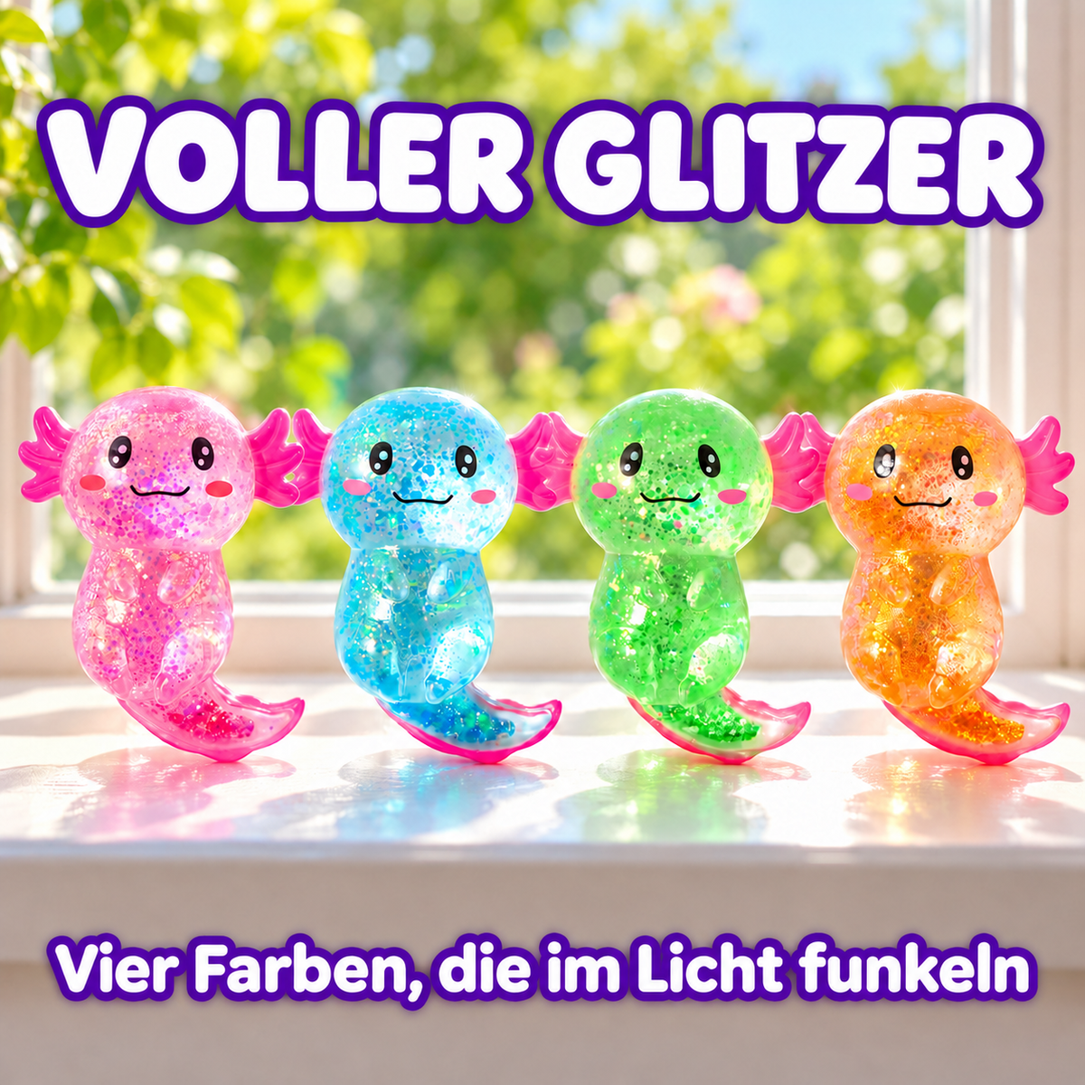 Camp Basel | Axolotl Squishy 4er-Pack, langsam aufgehende Glitzer-Stressspielzeuge