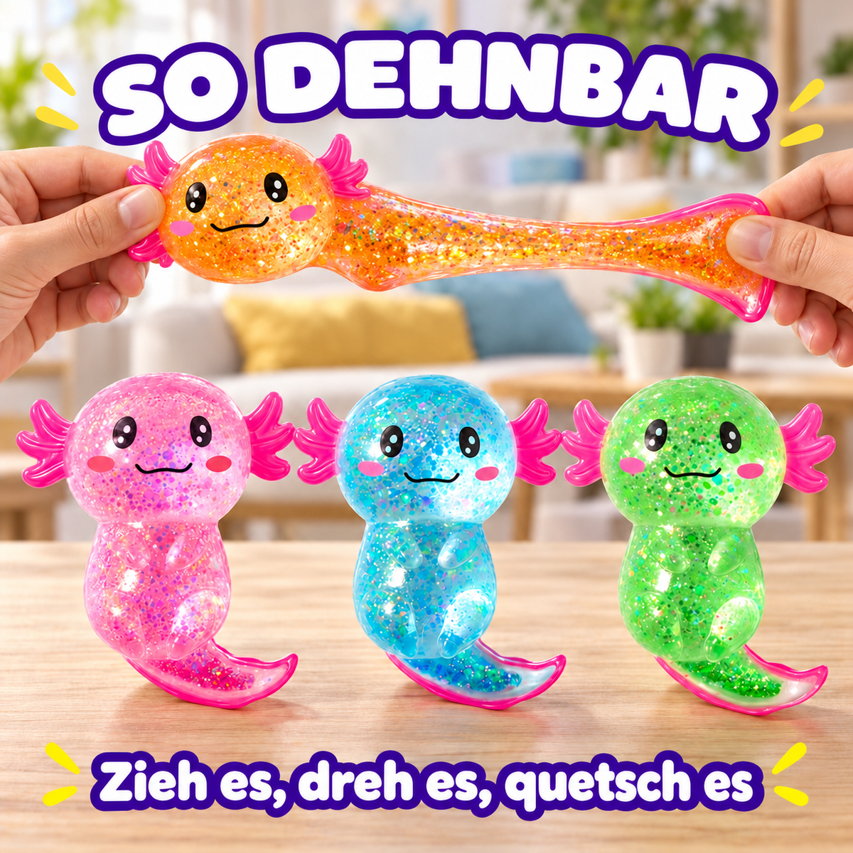 Camp Basel | Axolotl Squishy 4er-Pack, langsam aufgehende Glitzer-Stressspielzeuge
