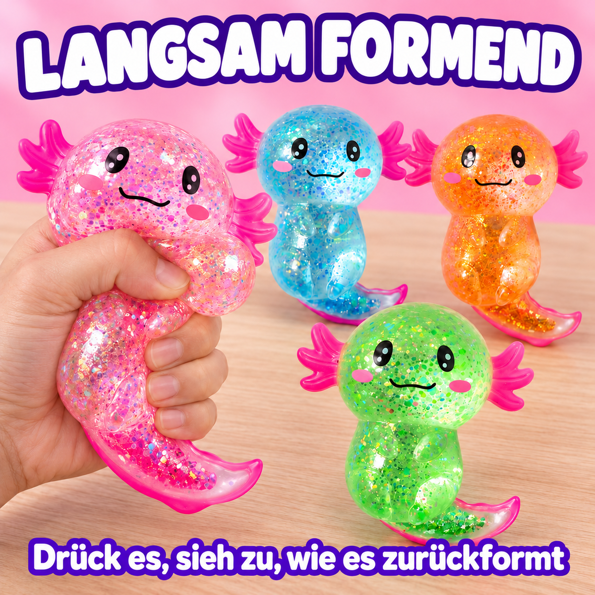 Camp Basel | Axolotl Squishy 4er-Pack, langsam aufgehende Glitzer-Stressspielzeuge