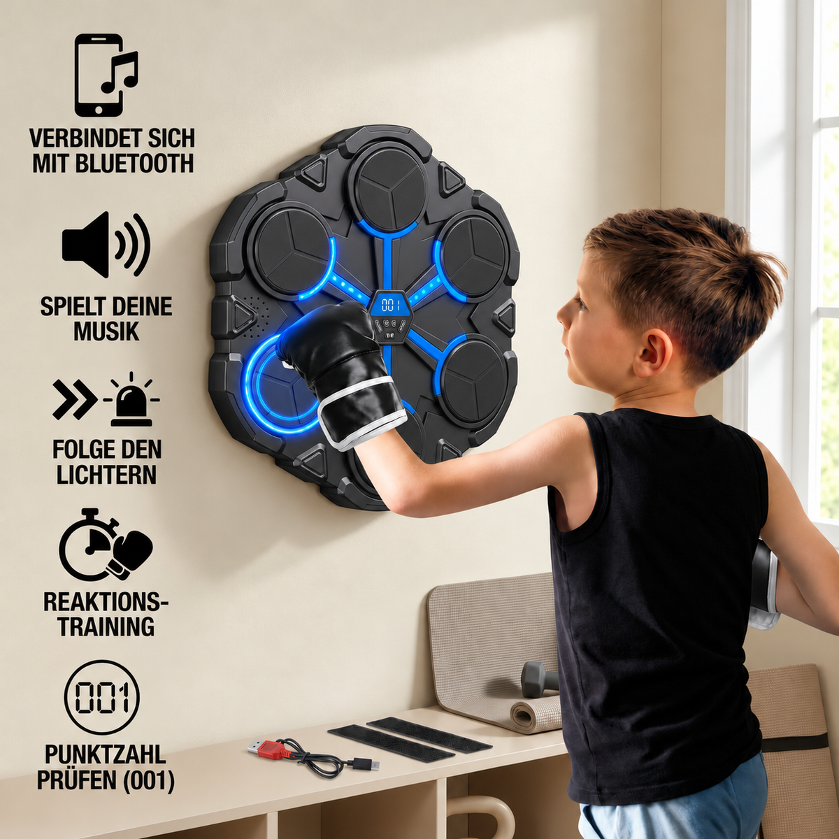 Camp Basel | Bluetooth Musik Boxing Trainer – Interaktives Wand-Schlagziel mit Lichtern & Sound