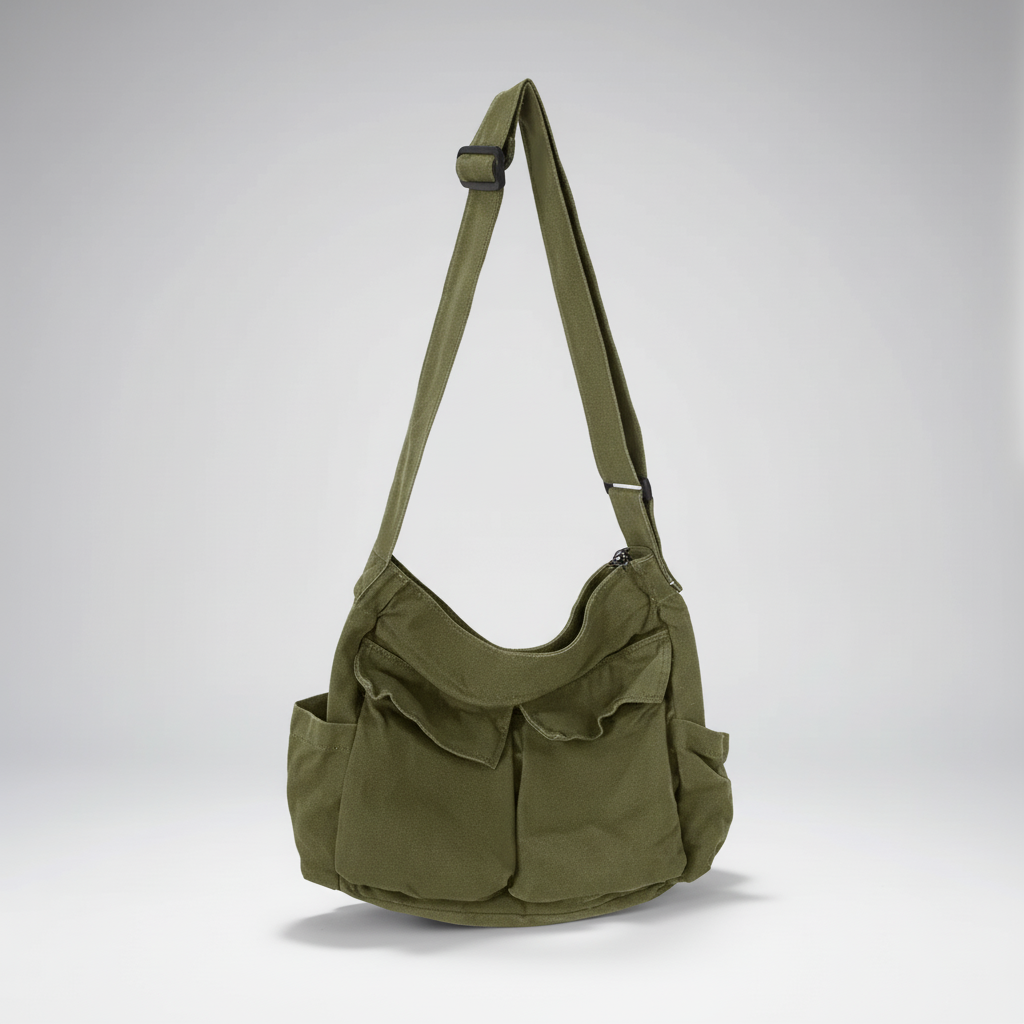 Canvas-Schultertasche mit verstellbarem Gurt und Aussenfächern