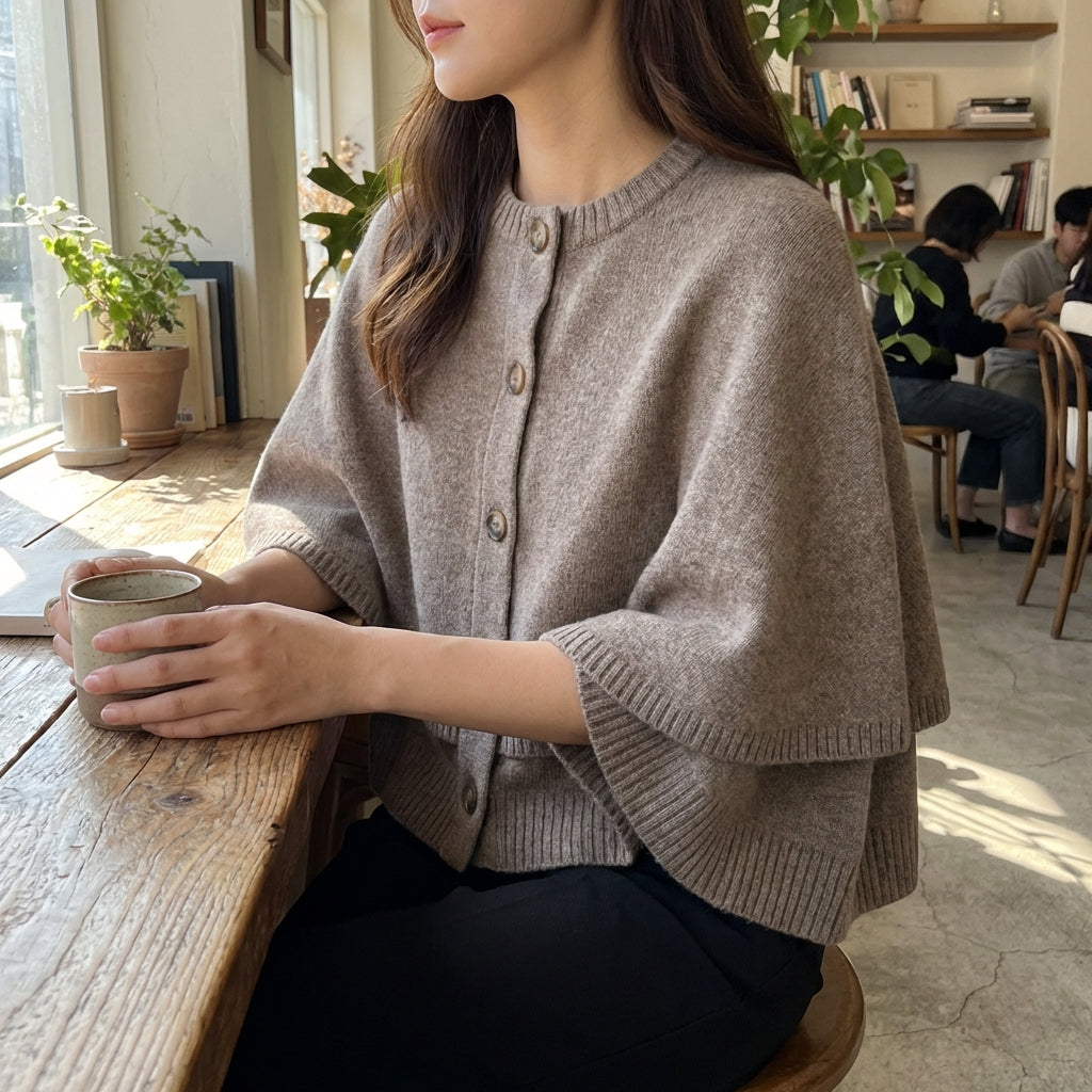 Verkürzter Cape-Cardigan mit Knopfleiste und gerippten Kanten