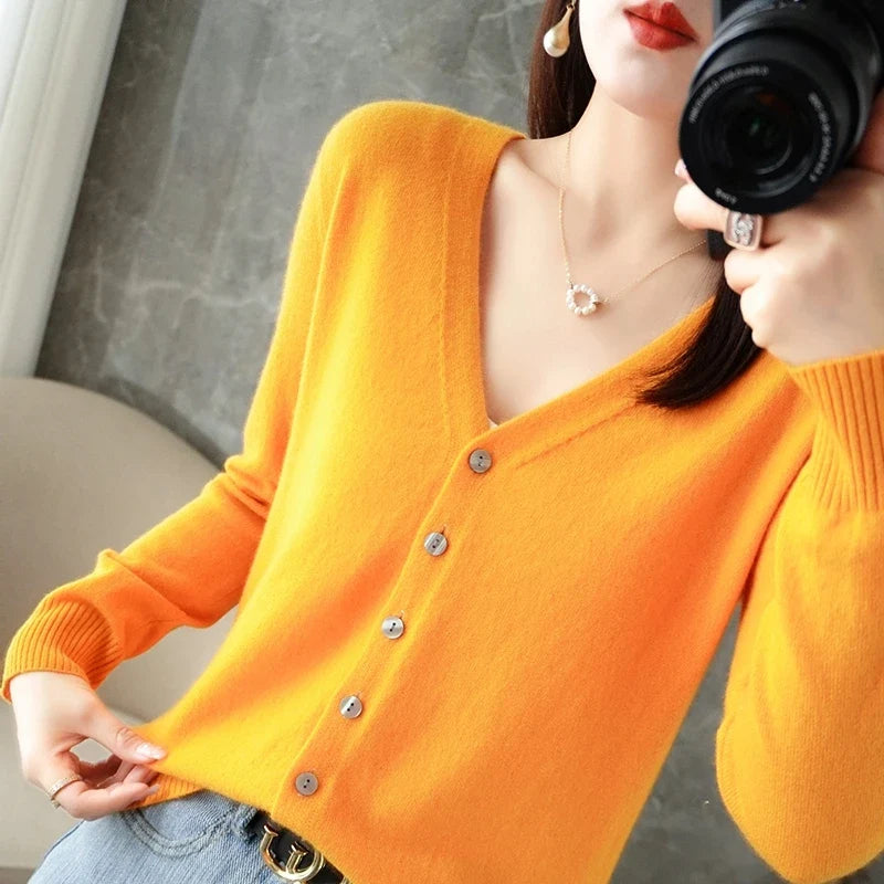 Damen Strickjacke V-Ausschnitt Knopfleiste Feinstrick