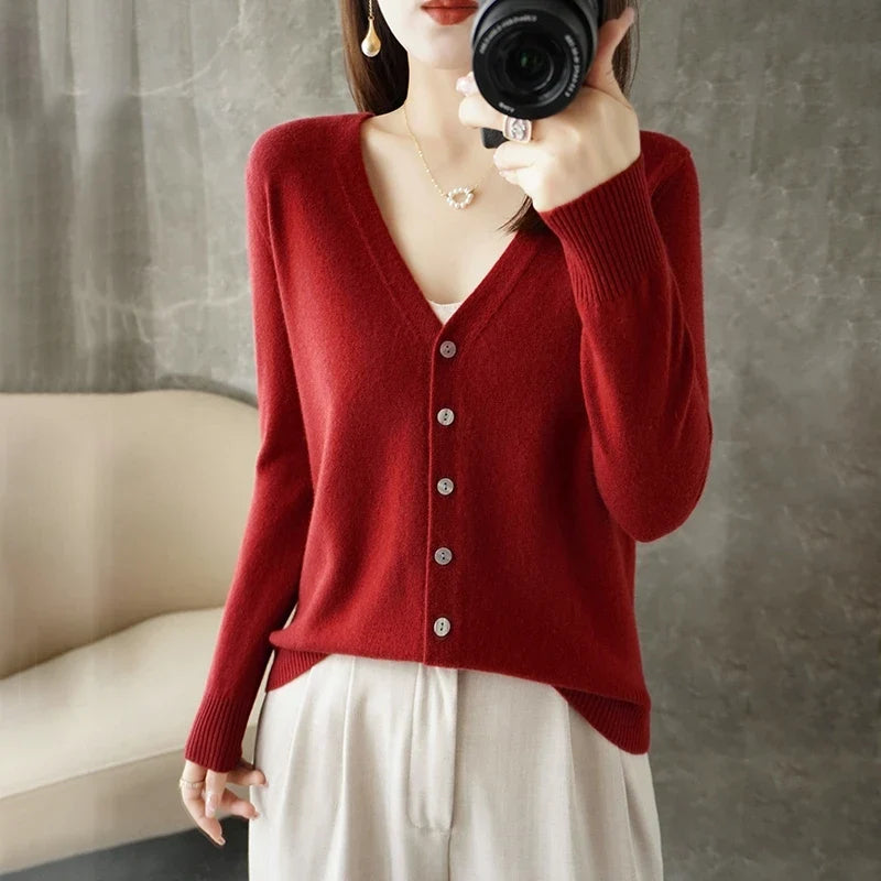 Damen Strickjacke V-Ausschnitt Knopfleiste Feinstrick