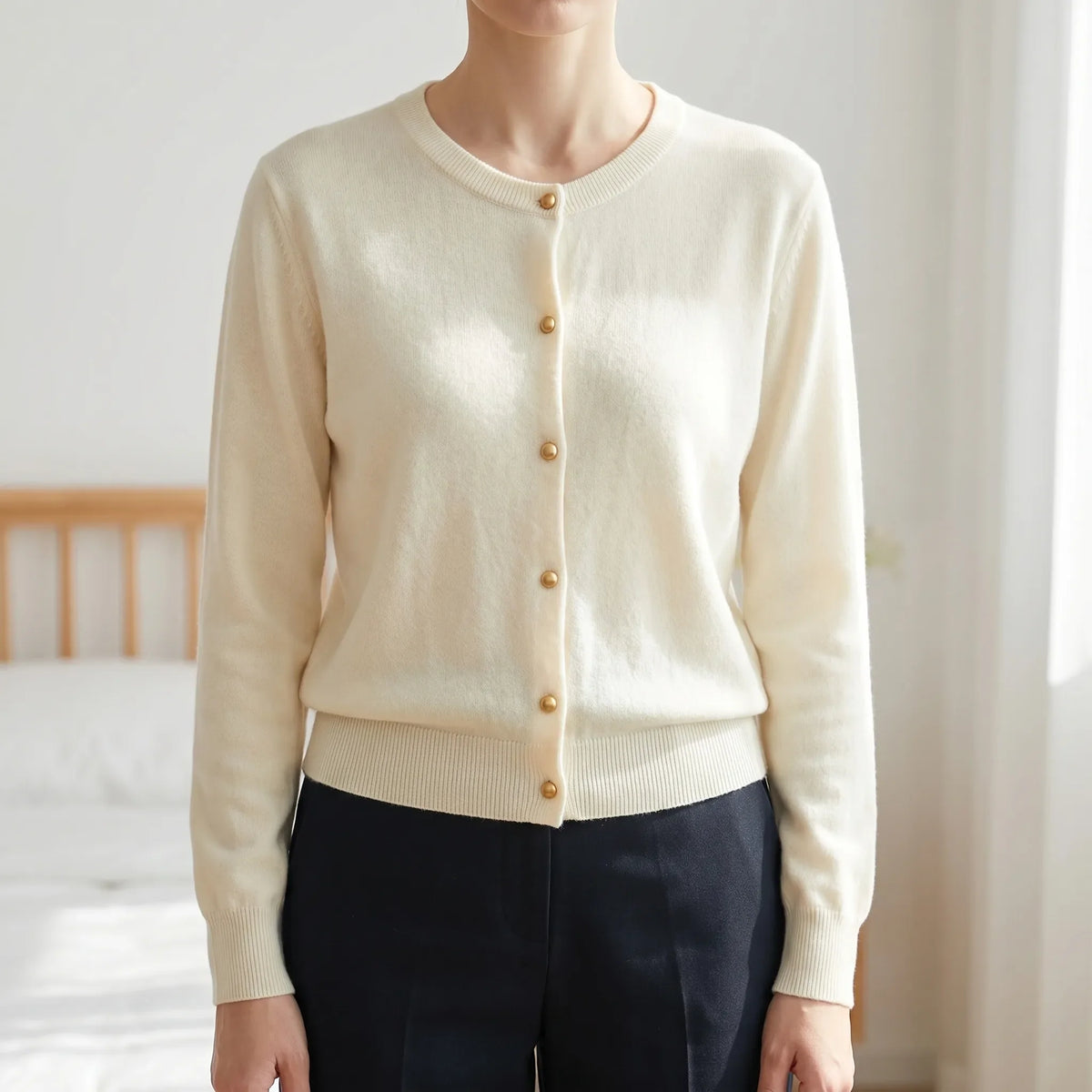 Feinstrick-Strickjacke mit Knopfleiste und Rundhalsausschnitt