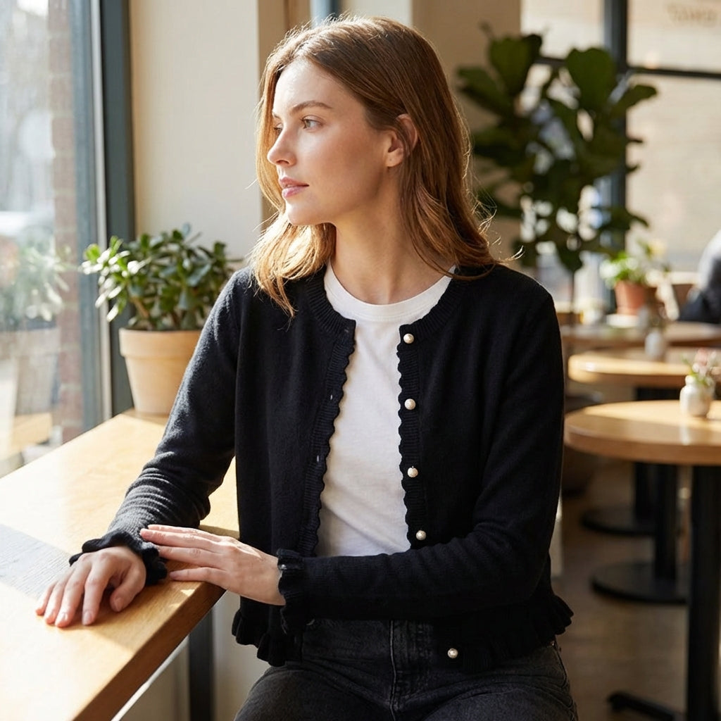 Offene Strickjacke mit Rüschensaum und Knopfdetails