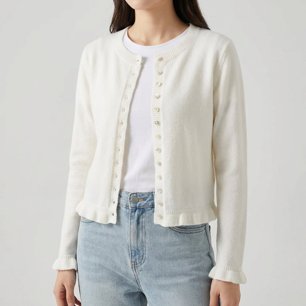 Offene Strickjacke mit Rüschensaum und Knopfdetails