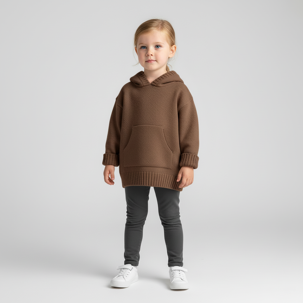 Kinder-Kapuzen-Strickpullover mit Vordertasche, entspannter Schnitt