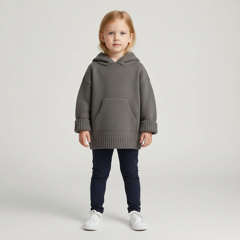 Kinder-Kapuzen-Strickpullover mit Vordertasche, entspannter Schnitt