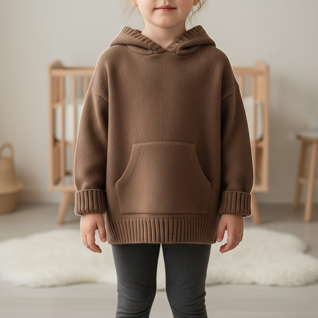 Kinder-Kapuzen-Strickpullover mit Vordertasche, entspannter Schnitt