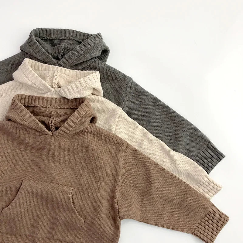 Kinder-Kapuzen-Strickpullover mit Vordertasche, entspannter Schnitt