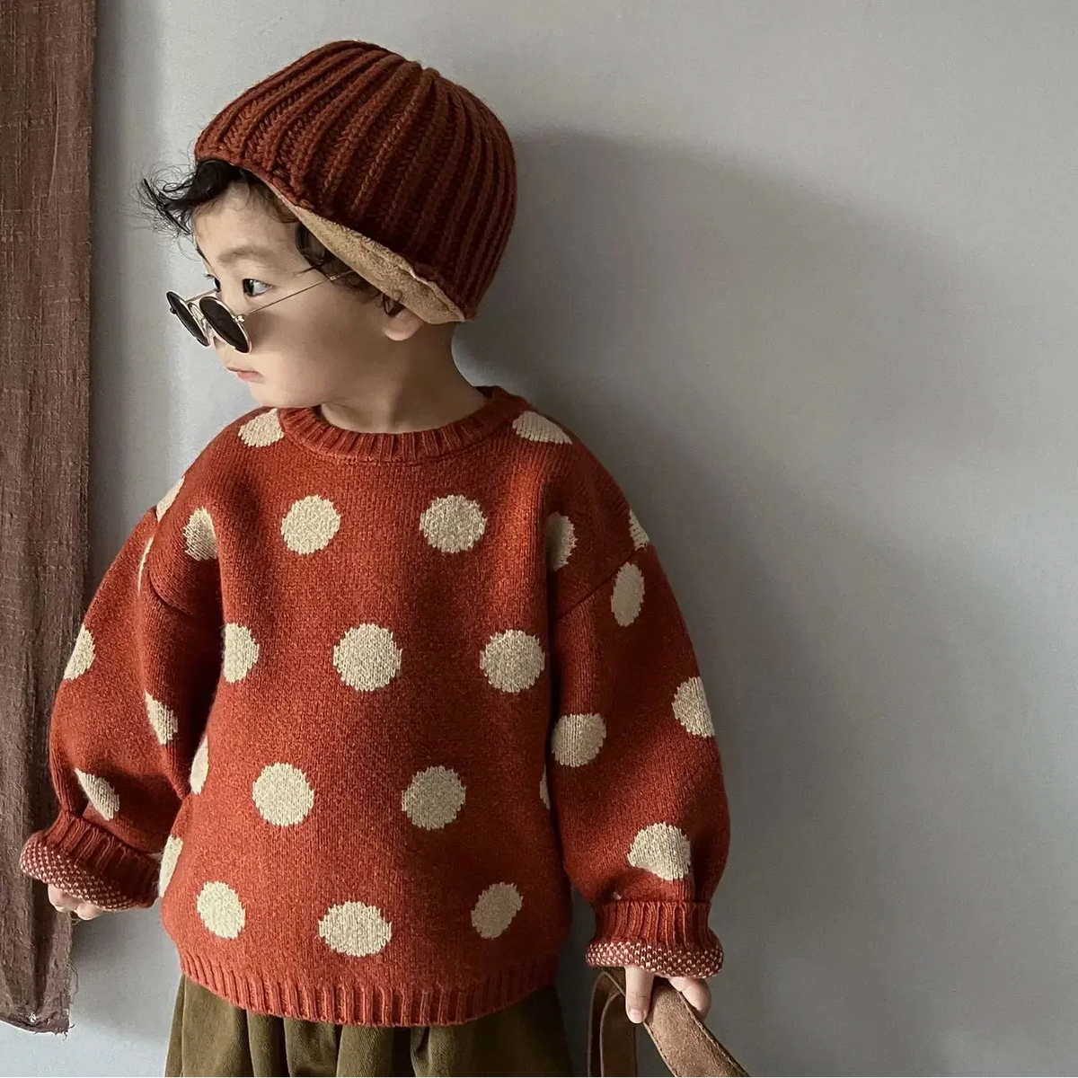 Kinder Polkadot Strickpullover lange Ärmel gerippte Bündchen