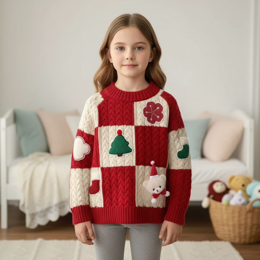 Kinder-Weihnachtspullover Rot Zopfmuster mit 3D-Applikationen