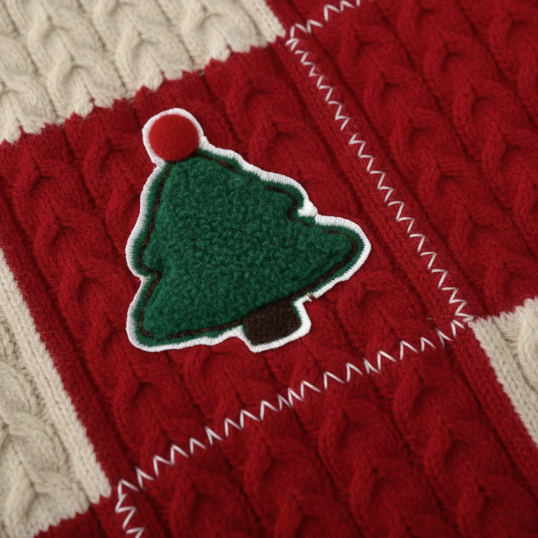 Kinder-Weihnachtspullover Rot Zopfmuster mit 3D-Applikationen