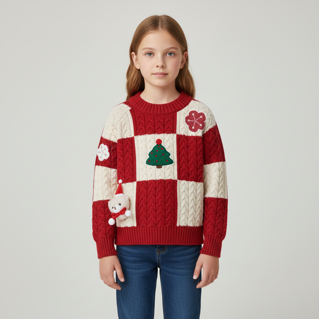 Kinder-Weihnachtspullover Rot Zopfmuster mit 3D-Applikationen
