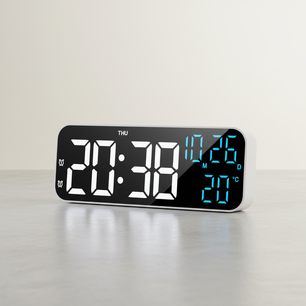 LED Digitalwecker mit Temperaturanzeige und Datum auf Nachttisch