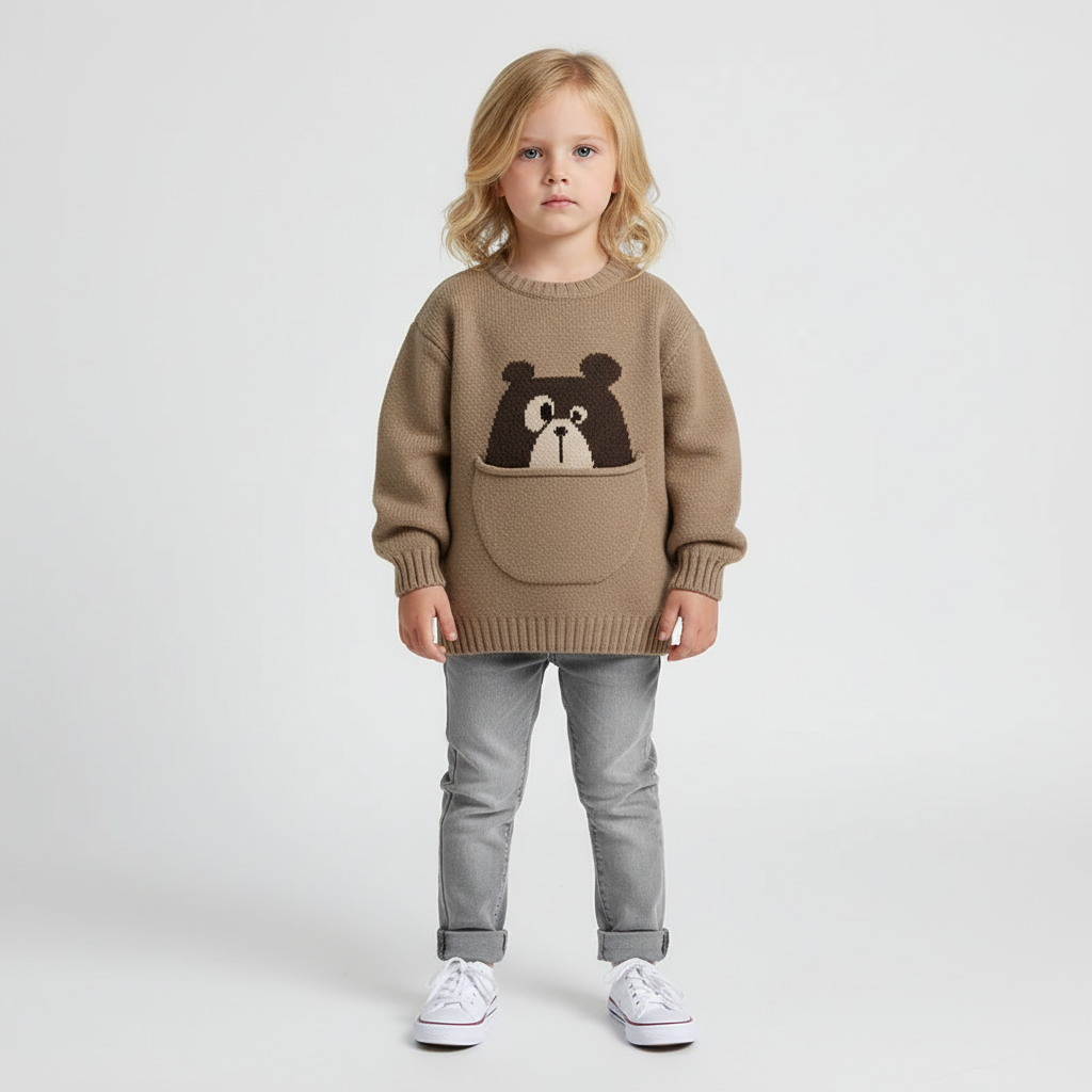 Kinder-Baumwollpullover mit süssem Taschenmotiv und langen Ärmeln