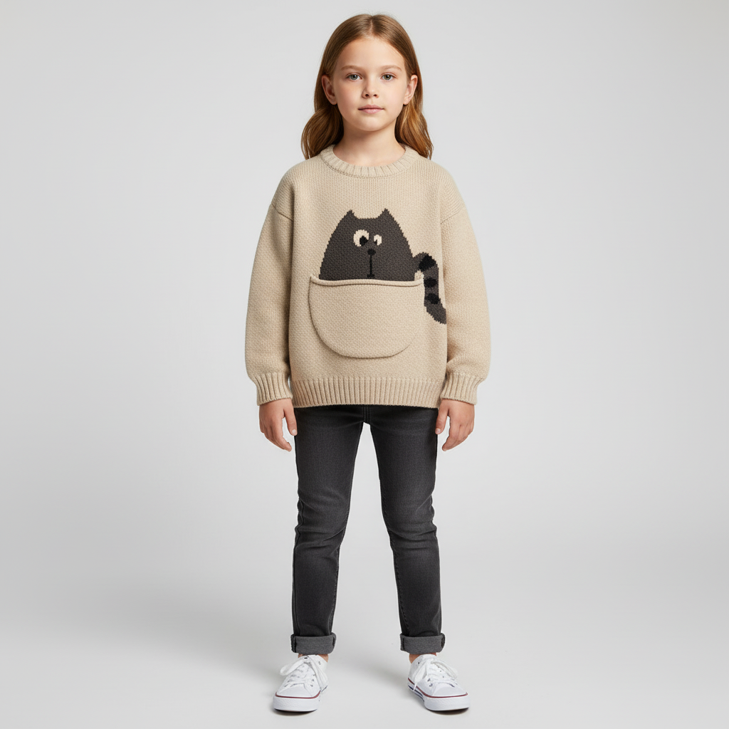 Kinder-Baumwollpullover mit süssem Taschenmotiv und langen Ärmeln