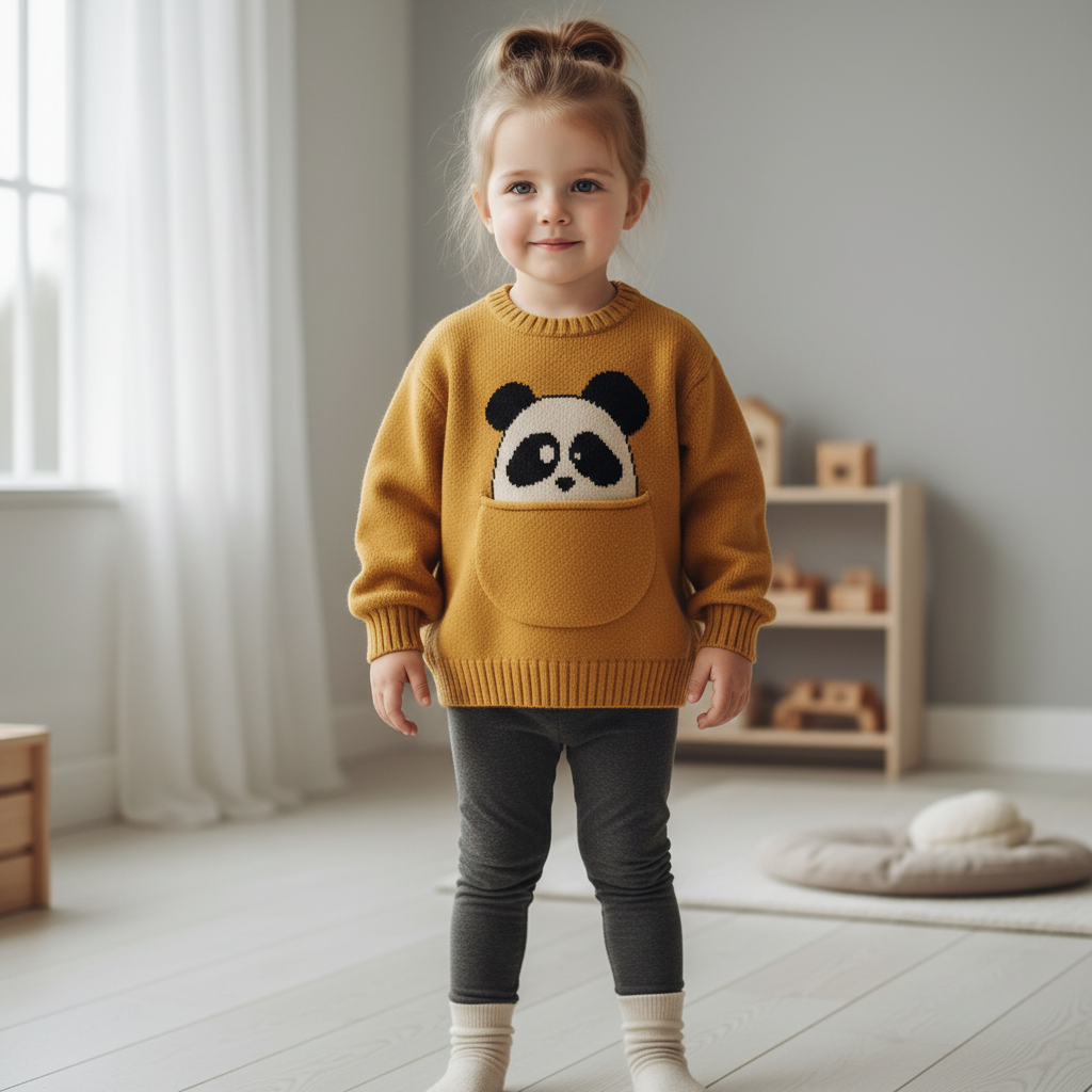 Kinder-Baumwollpullover mit süssem Taschenmotiv und langen Ärmeln