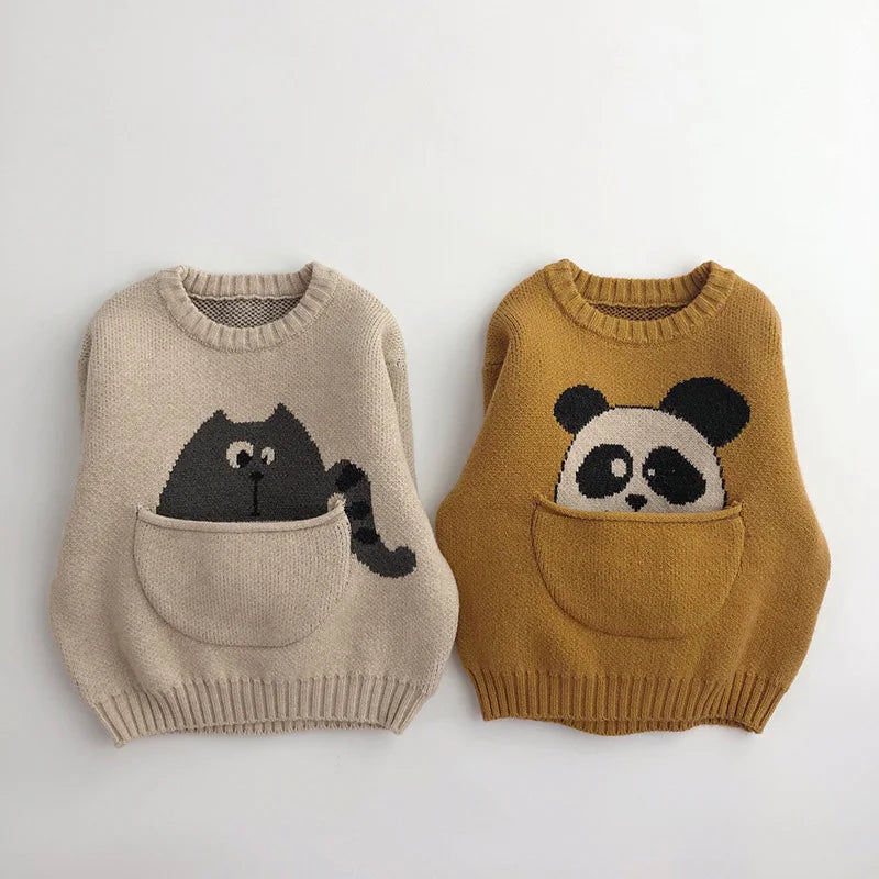 Kinder-Baumwollpullover mit süssem Taschenmotiv und langen Ärmeln