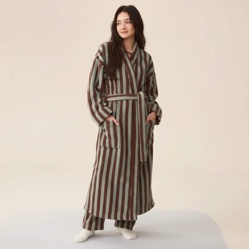Gestreiftes Bademanttel-Set knielang flauschig Unisex-Passform