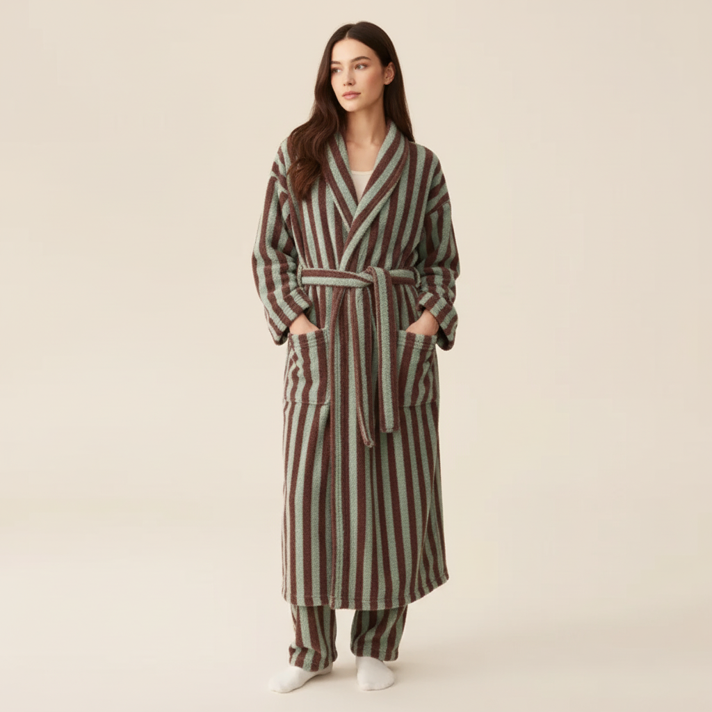 Gestreiftes Bademanttel-Set knielang flauschig Unisex-Passform