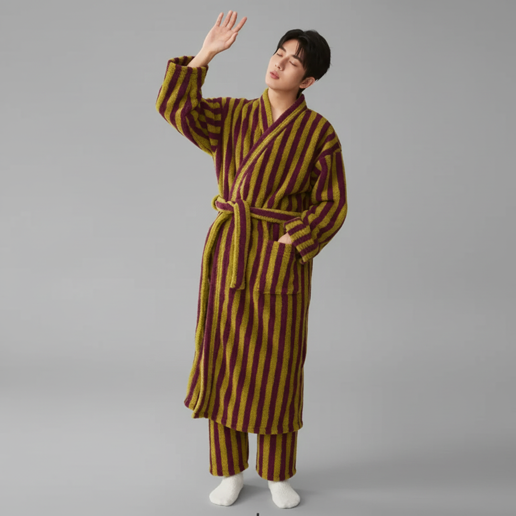 Gestreiftes Bademanttel-Set knielang flauschig Unisex-Passform