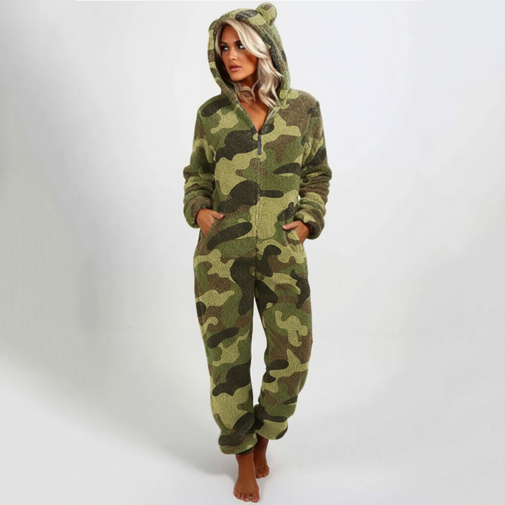 Ganzkörper-Kapuzenschlafanzug mit verspieltem Design und warmem Polyester