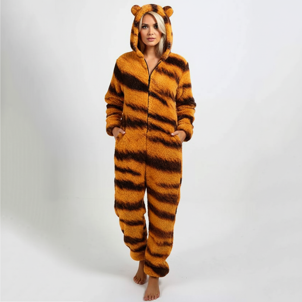 Ganzkörper-Kapuzenschlafanzug mit verspieltem Design und warmem Polyester