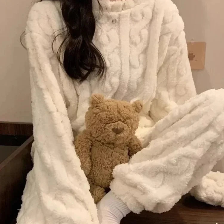 Pyjama-Set plüschig warm Langarm Rundhals knöchellang