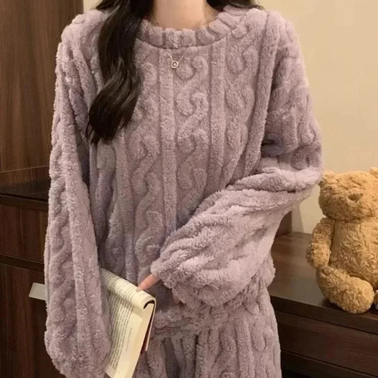 Pyjama-Set plüschig warm Langarm Rundhals knöchellang