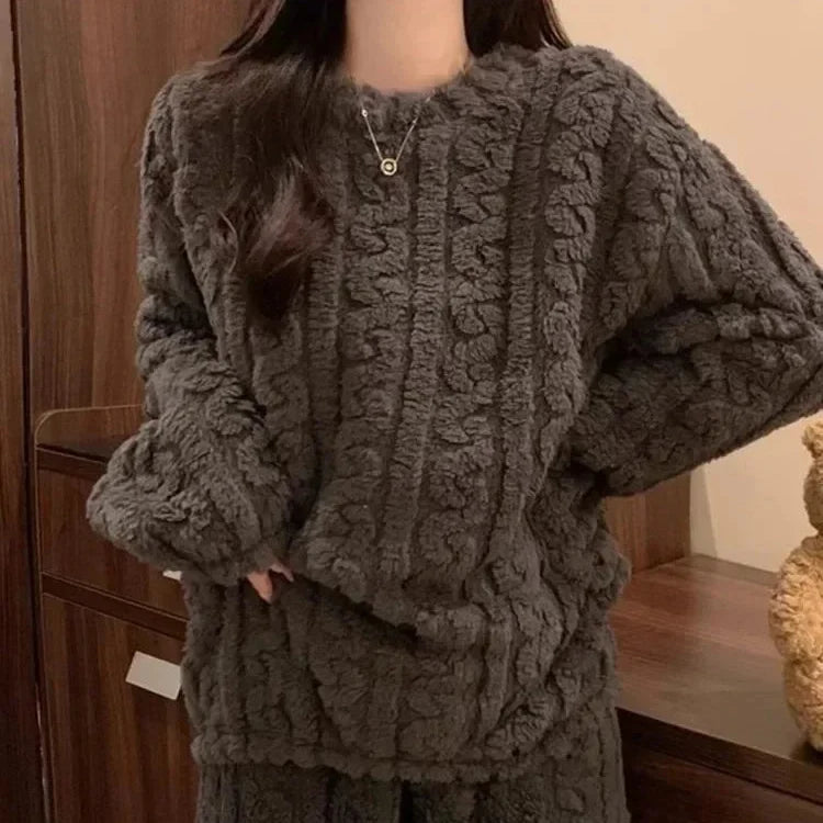 Pyjama-Set plüschig warm Langarm Rundhals knöchellang