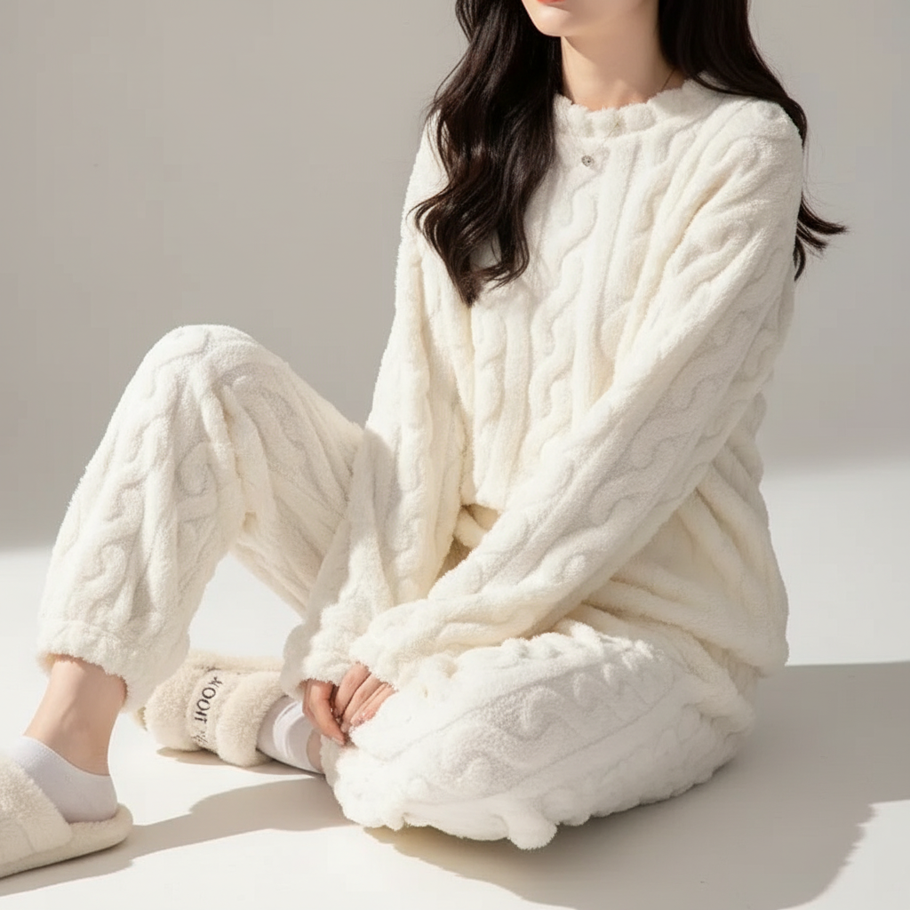 Pyjama-Set plüschig warm Langarm Rundhals knöchellang