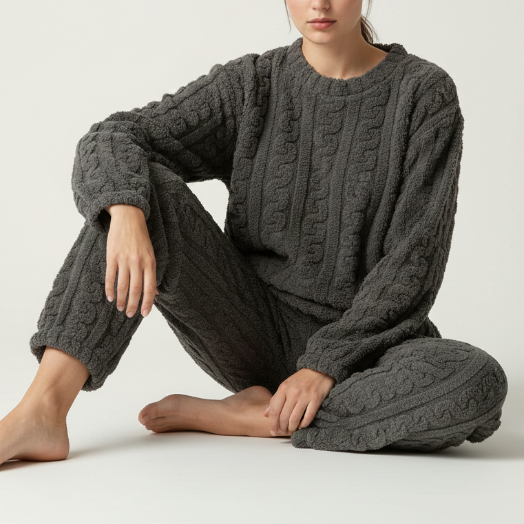 Pyjama-Set plüschig warm Langarm Rundhals knöchellang