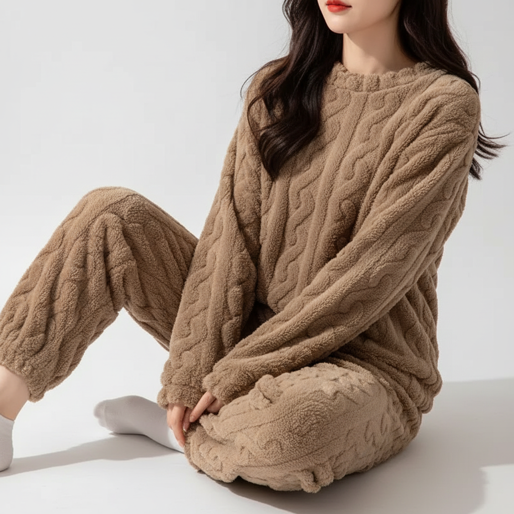 Pyjama-Set plüschig warm Langarm Rundhals knöchellang