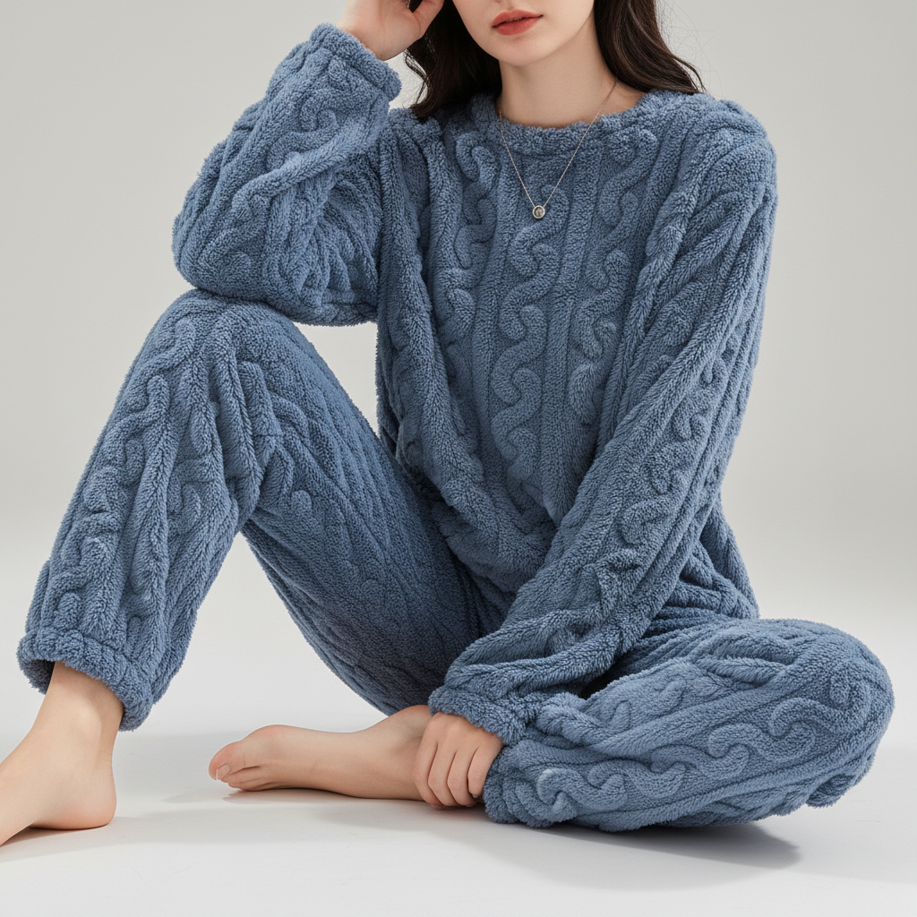 Pyjama-Set plüschig warm Langarm Rundhals knöchellang