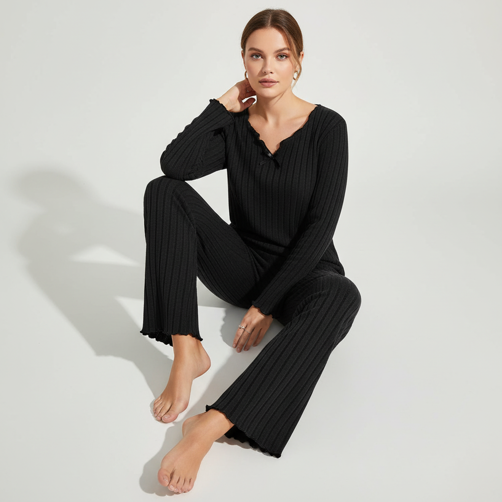 Gerippter Langarm-Pyjama-Set mit V-Ausschnitt und welligem Saum