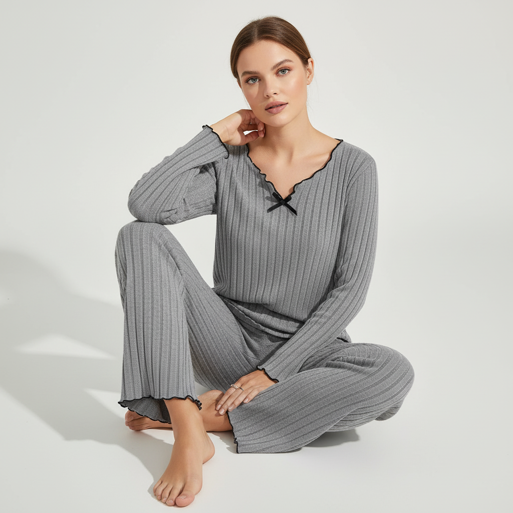 Gerippter Langarm-Pyjama-Set mit V-Ausschnitt und welligem Saum