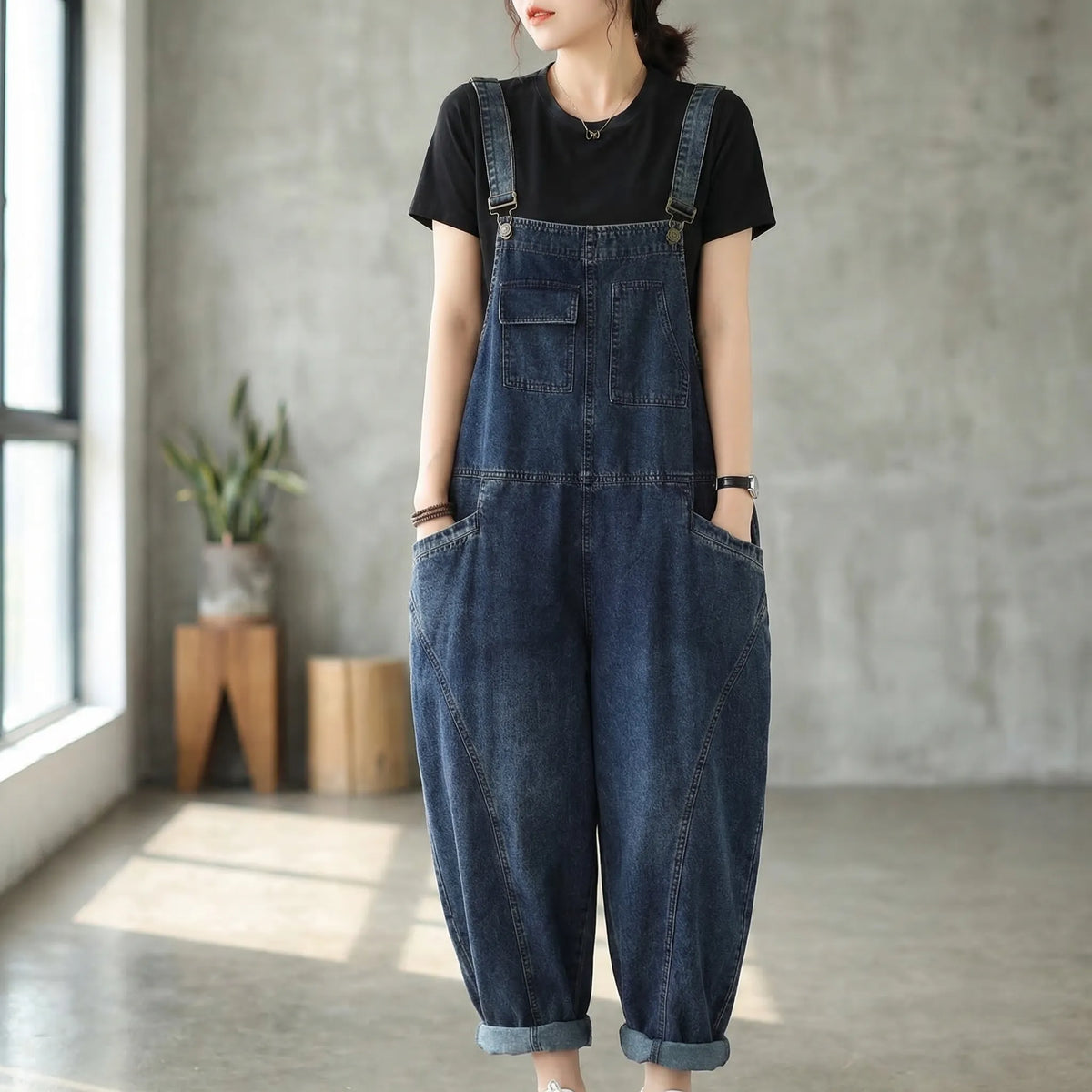 Denim-Latzhose Haremsstil Vintage-Patchwork lockerer Schnitt