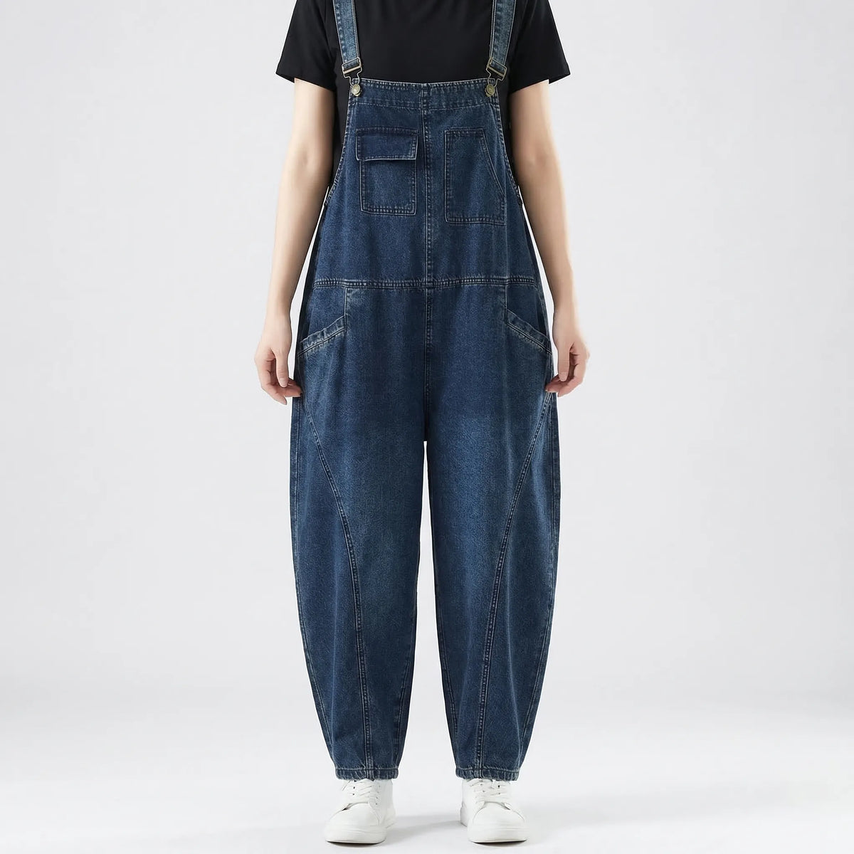 Denim-Latzhose Haremsstil Vintage-Patchwork lockerer Schnitt