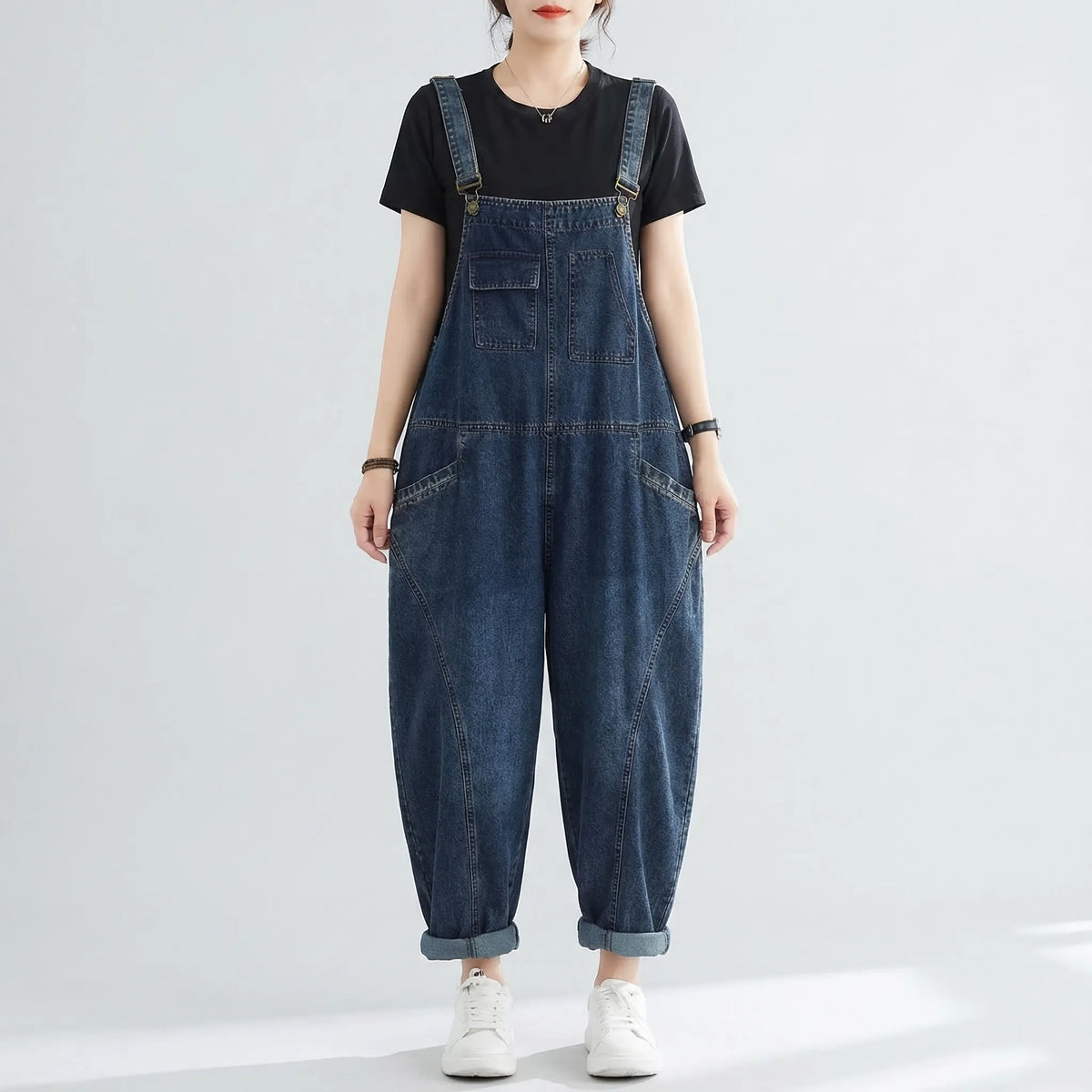 Denim-Latzhose Haremsstil Vintage-Patchwork lockerer Schnitt