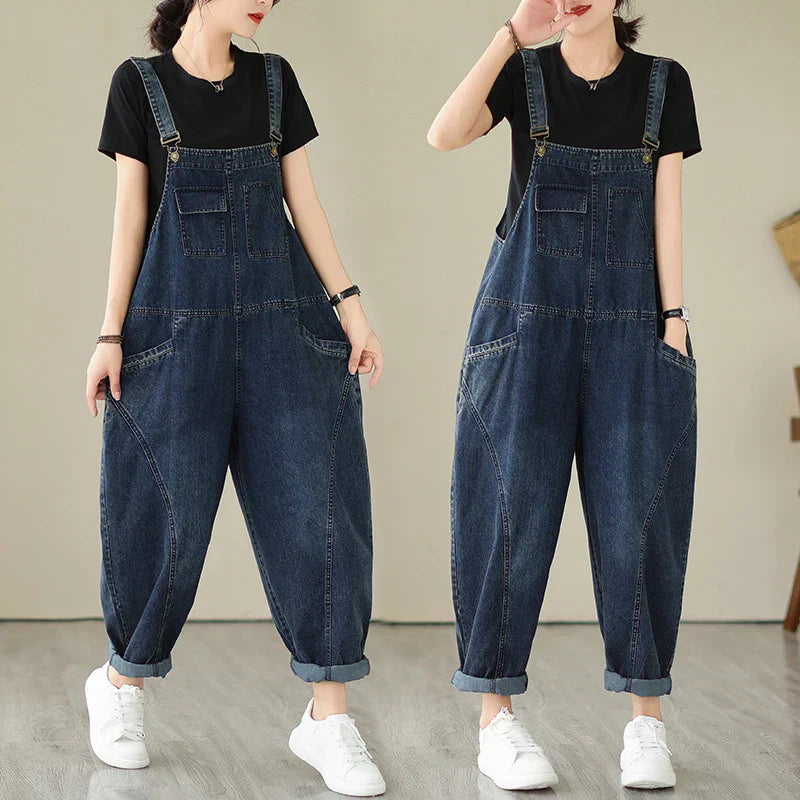 Denim-Latzhose Haremsstil Vintage-Patchwork lockerer Schnitt