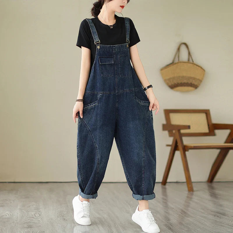 Denim-Latzhose Haremsstil Vintage-Patchwork lockerer Schnitt