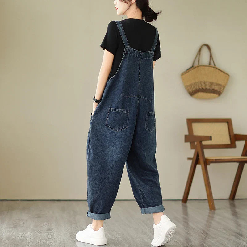 Denim-Latzhose Haremsstil Vintage-Patchwork lockerer Schnitt