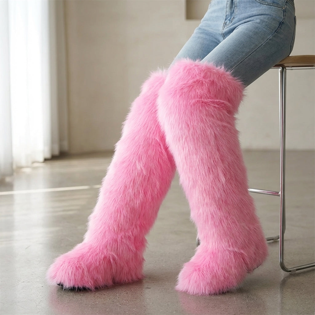 Overknee-Fellstiefel mit flauschiger Fütterung und Plateausohle
