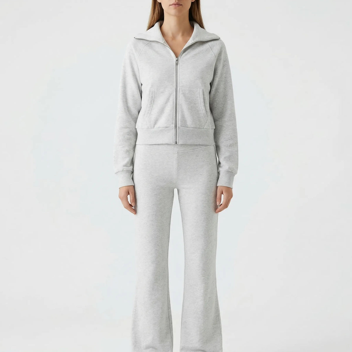 Damen-Fleece-Set mit Reversejacke und ausgestellter hochtaillierter Hose