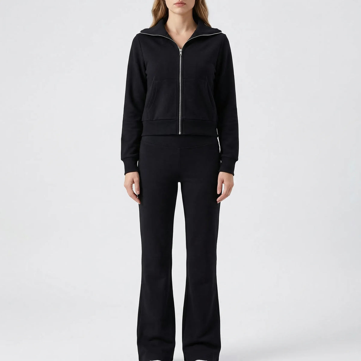 Damen-Fleece-Set mit Reversejacke und ausgestellter hochtaillierter Hose