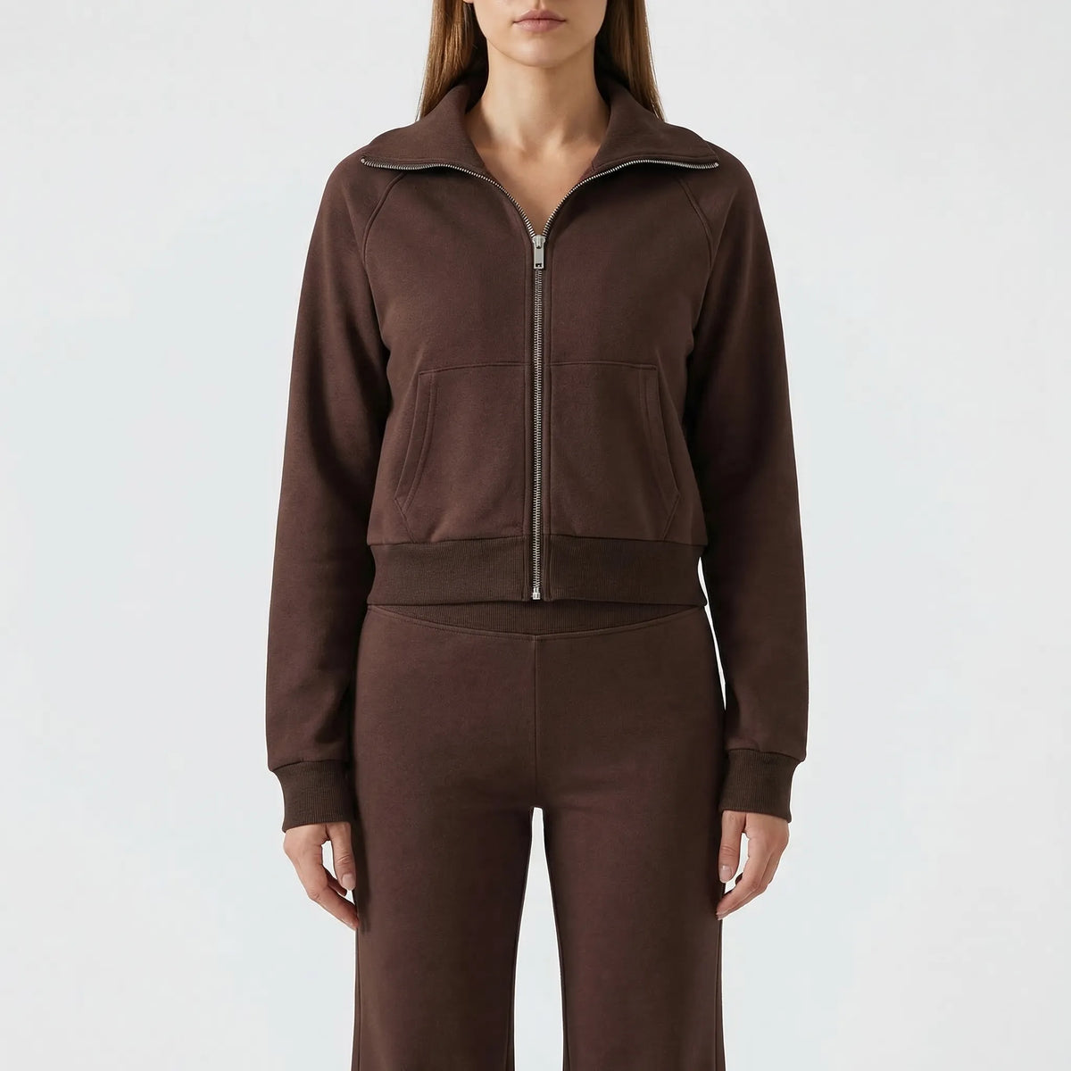 Damen-Fleece-Set mit Reversejacke und ausgestellter hochtaillierter Hose