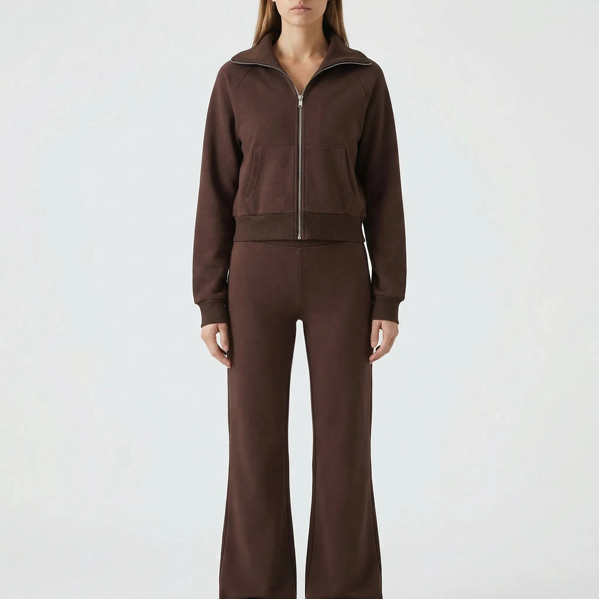 Damen-Fleece-Set mit Reversejacke und ausgestellter hochtaillierter Hose