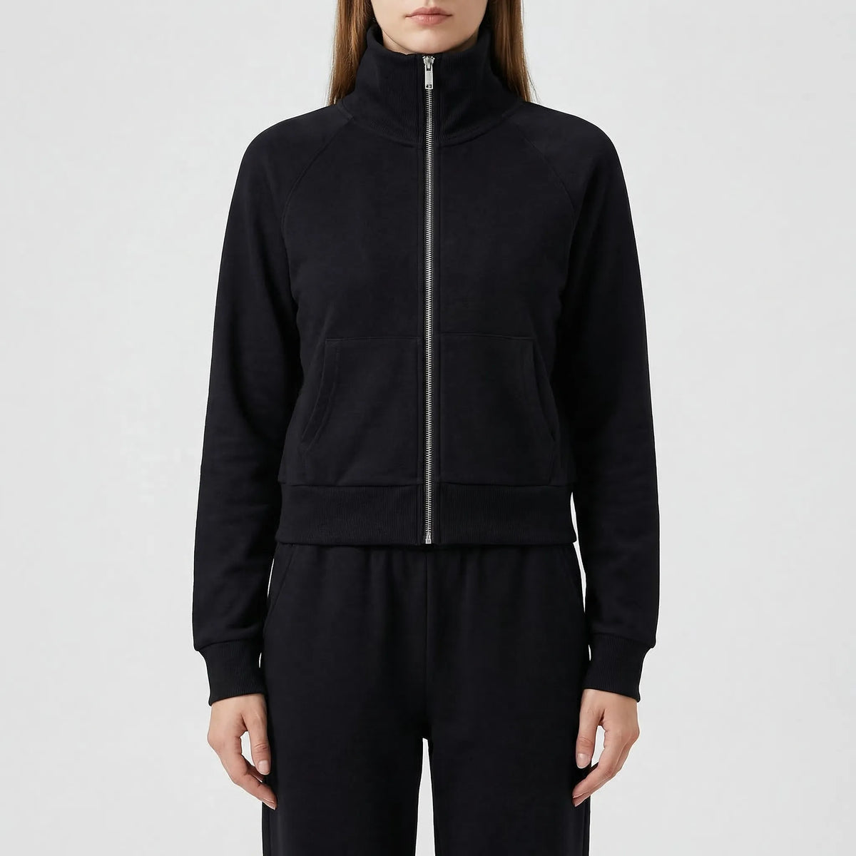 Damen-Fleece-Set mit Reversejacke und ausgestellter hochtaillierter Hose